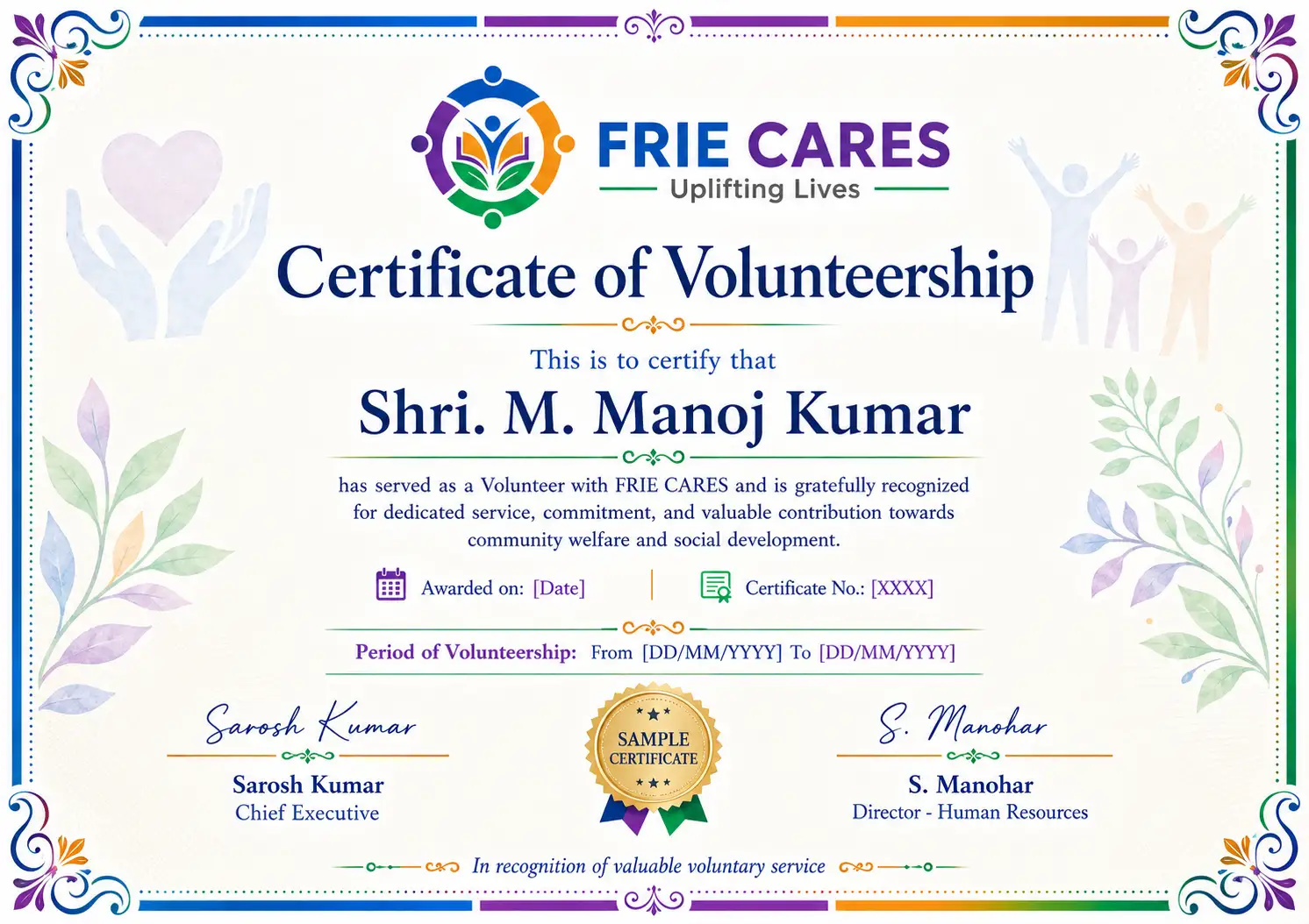 FRIE CARES Volunteership certificate